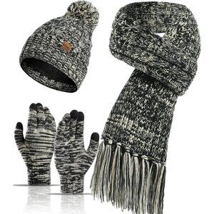 Women's Winter Warm Skull Caps Knit Gloves Beanie Neck Scarves Black 3 Set